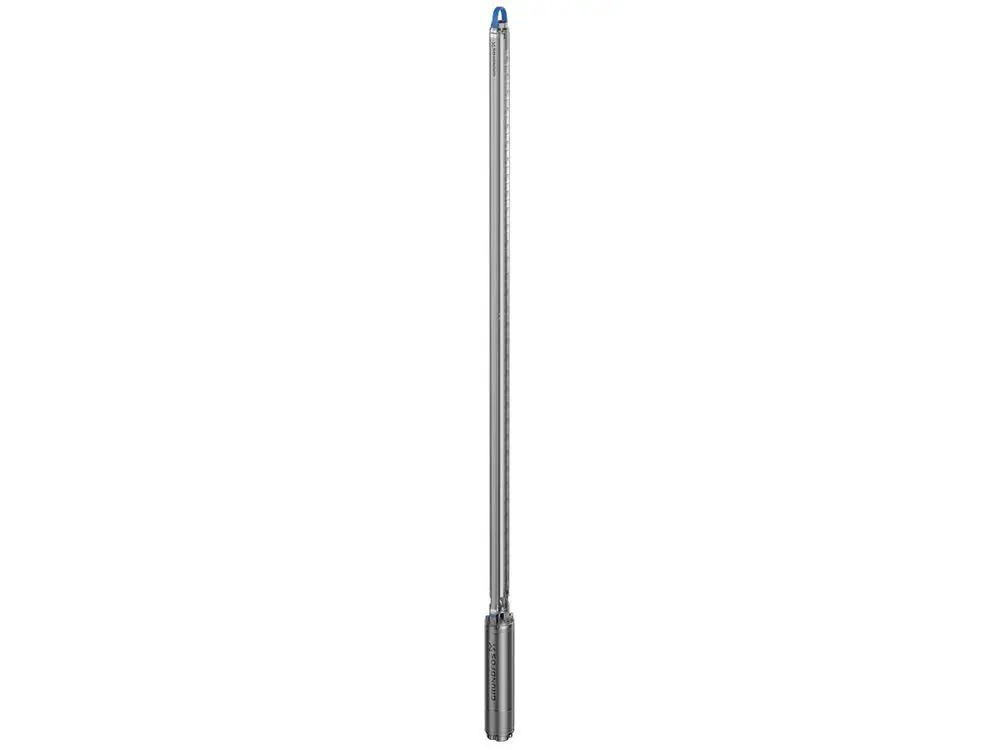 Unterwasserpumpe von Grundfos mit schmalem, länglichen Design und einer Kombination aus grauem und silbernem Material. Die Pumpe ist für den Einsatz in Wasseranwendungen konzipiert.